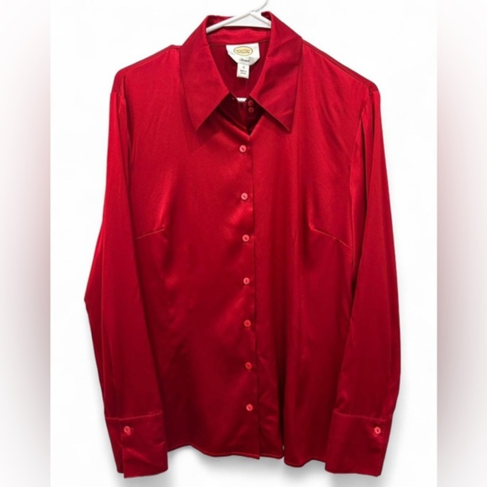 Women's Talbots Red Long Sleeve Silk Button Down‎ Blouse Size 12 Stretch